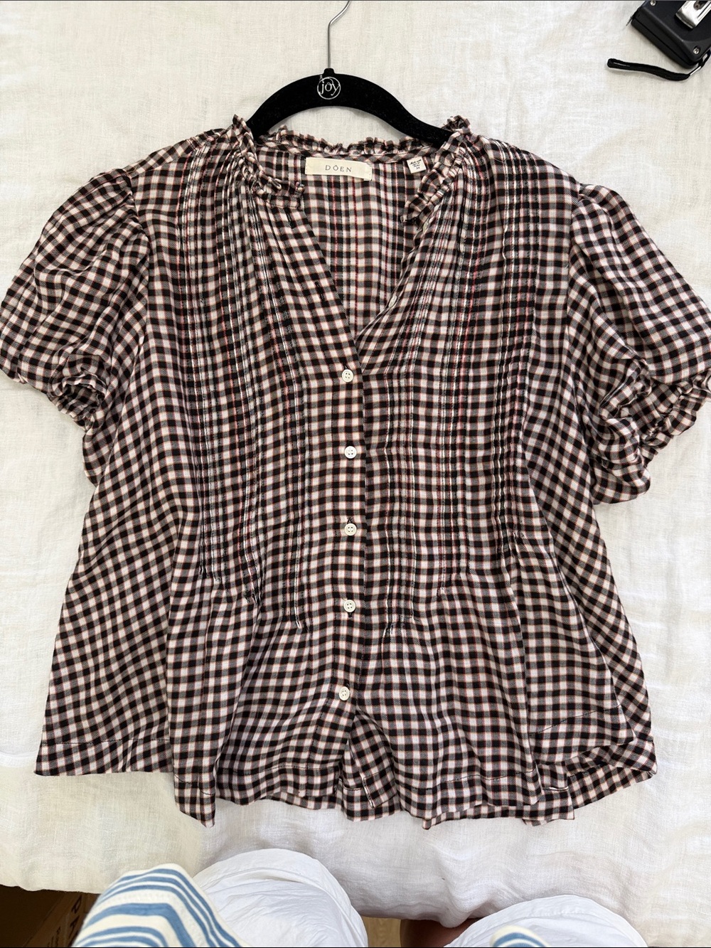 Doen Gingham Button-Front Ruffle-Neck Blouse